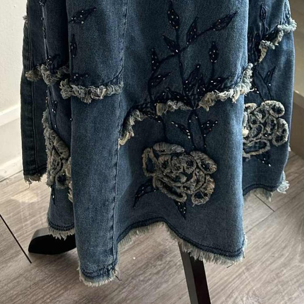 Vintage Simon Chang Beaded & Embroidered Denim Maxi Skirt Roses Appliqué – US 10